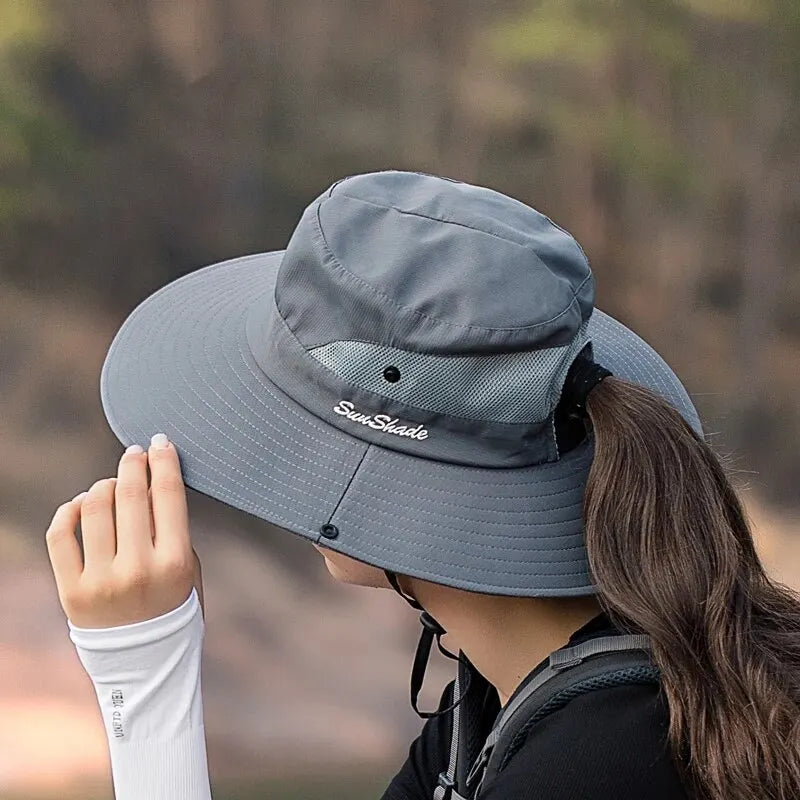 Breathable Summer Sun Hat with Ponytail Hole – Foldable Outdoor UV Protection Polyester Fisherman Hat (Unisex)
