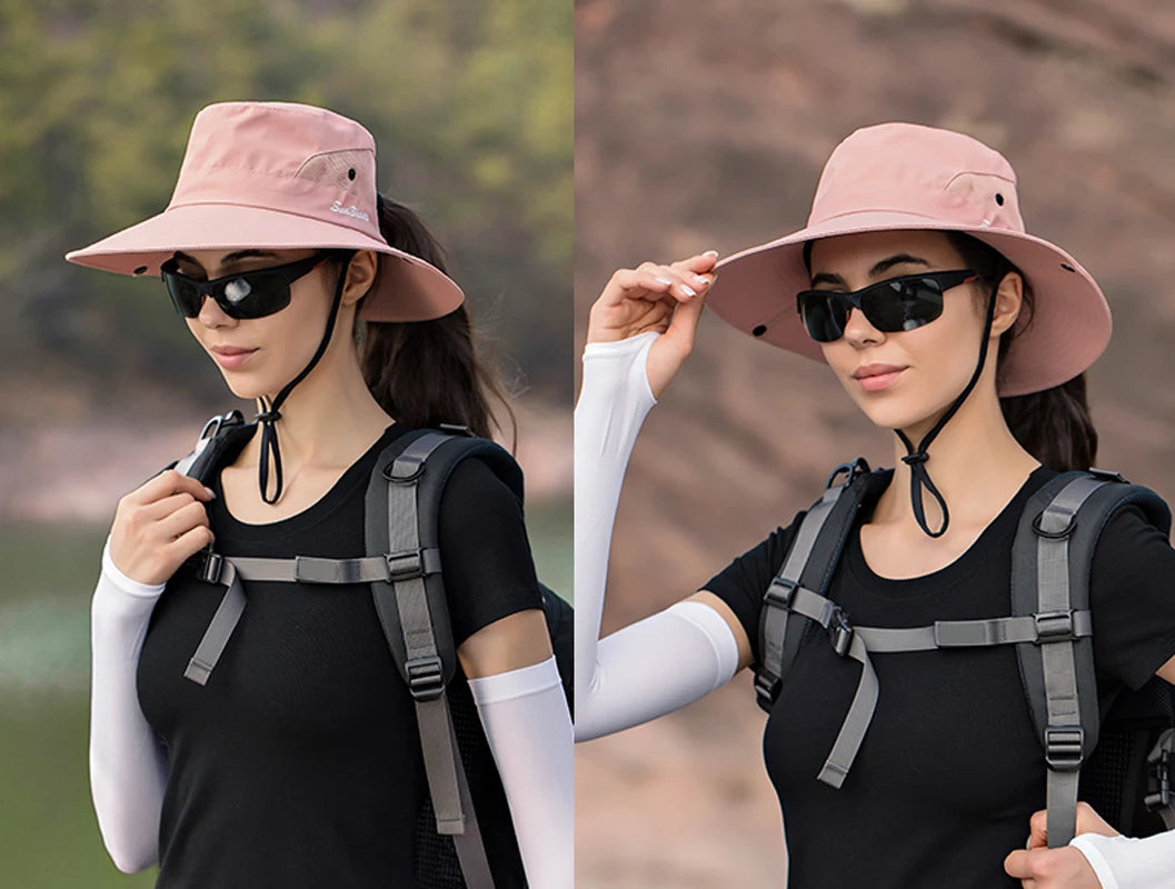 Breathable Summer Sun Hat with Ponytail Hole – Foldable Outdoor UV Protection Polyester Fisherman Hat (Unisex)