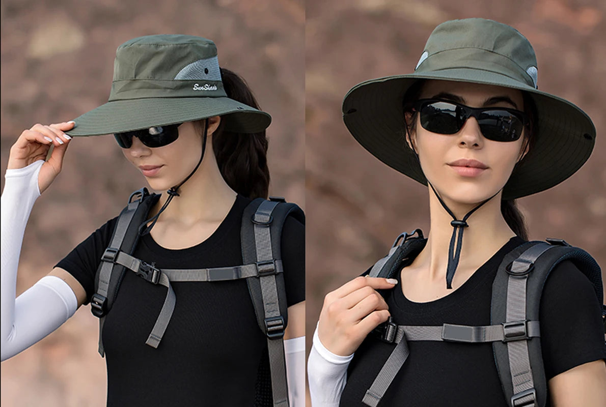 Breathable Summer Sun Hat with Ponytail Hole – Foldable Outdoor UV Protection Polyester Fisherman Hat (Unisex)