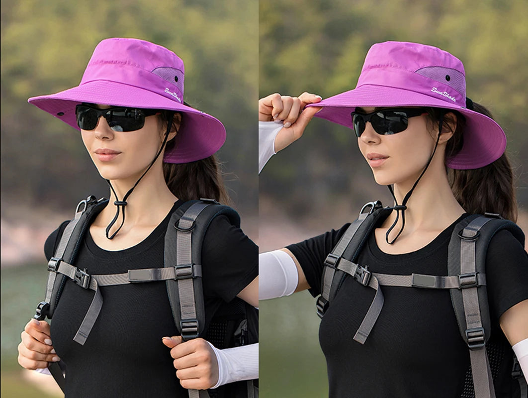 Breathable Summer Sun Hat with Ponytail Hole – Foldable Outdoor UV Protection Polyester Fisherman Hat (Unisex)