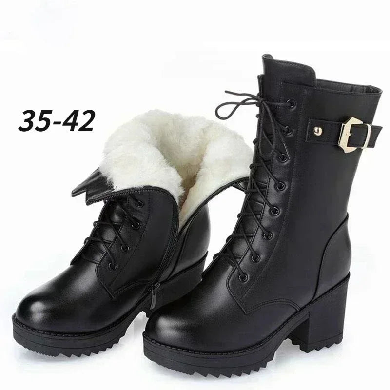 Women’s Winter Snow Boots – Warm Wool-Lined PU Leather Ankle Boots, Waterproof Thick Sole Lace-Up