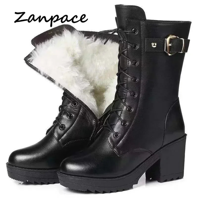 Women’s Winter Snow Boots – Warm Wool-Lined PU Leather Ankle Boots, Waterproof Thick Sole Lace-Up