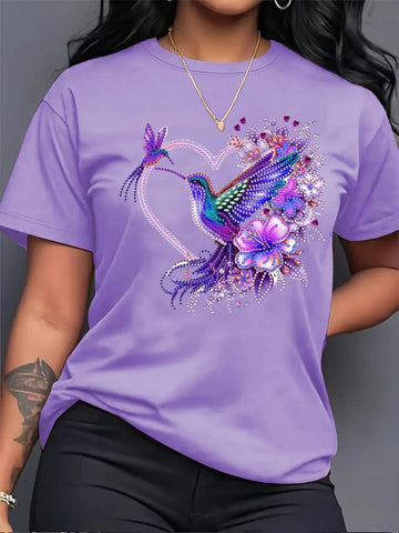 Floral Hummingbird Heart Women’s Tee – Boho Pink Graphic Summer Casual Short Sleeve T-Shirt