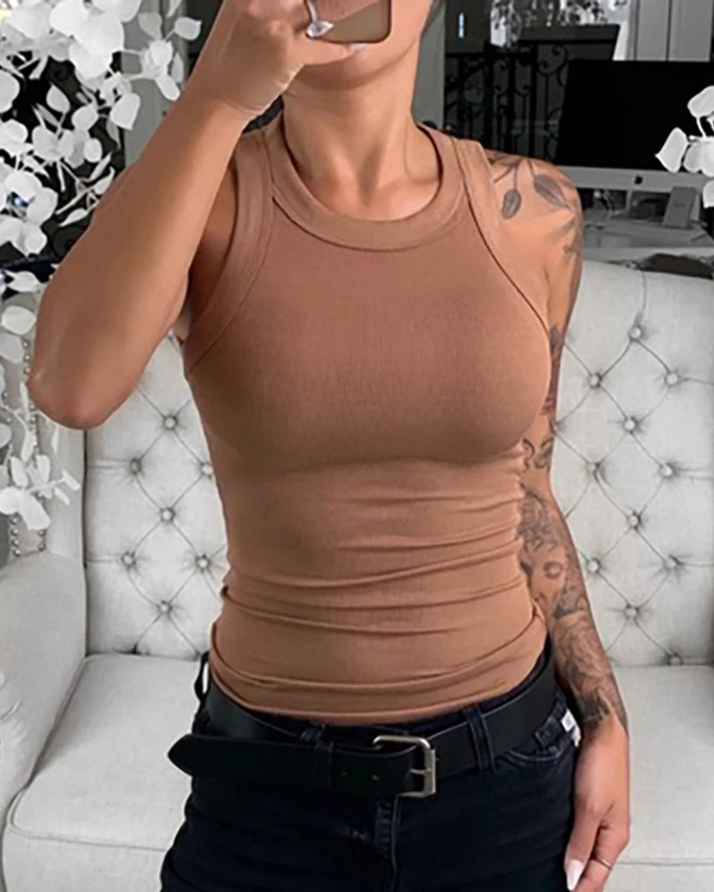 Women’s Solid Ribbed Tank Top Camisole – High Stretch O-Neck Summer Basic Casual Sleeveless Top