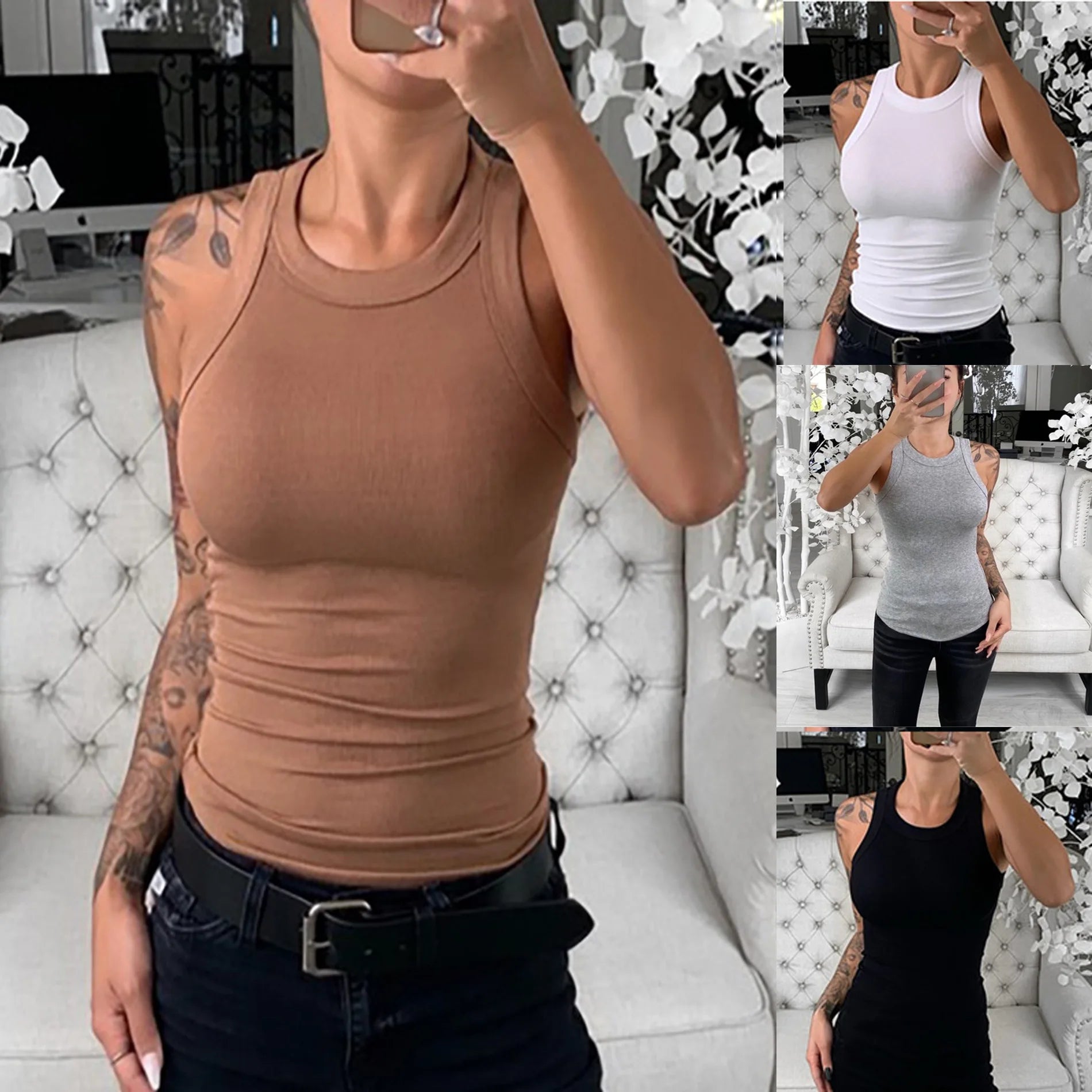 Women’s Solid Ribbed Tank Top Camisole – High Stretch O-Neck Summer Basic Casual Sleeveless Top
