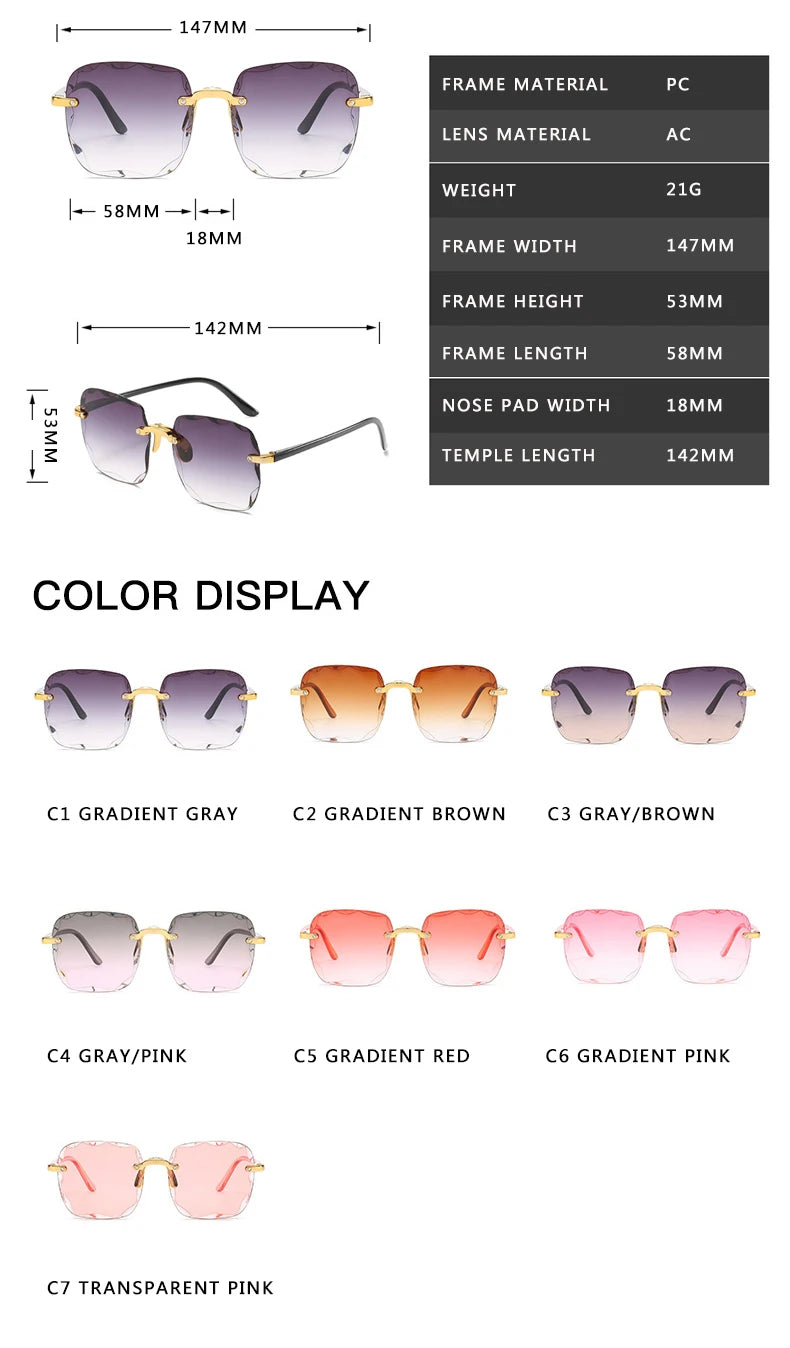 3PCS Square Rimless Square Sunglasses for Women – Luxury Designer Mirror Lens Fashion Summer Eyewear