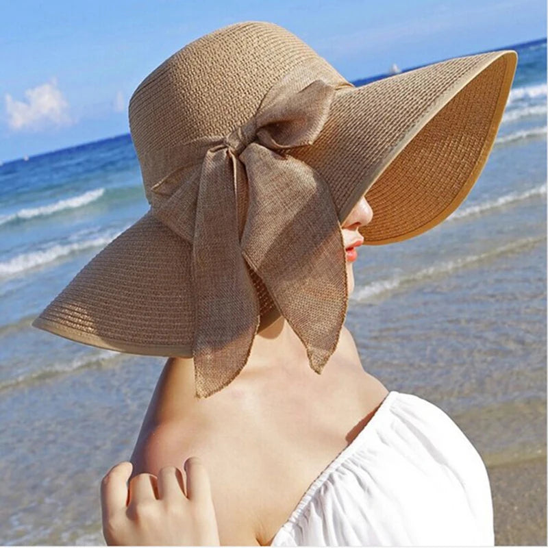 Women’s Wide Brim Straw Sun Hat – Foldable Beach Panama Hat with Bowknot, UV Protection Casual Summer Outdoor Cap