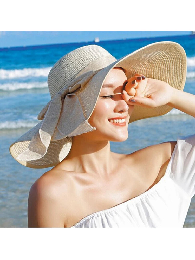 Women’s Wide Brim Straw Sun Hat – Foldable Beach Panama Hat with Bowknot, UV Protection Casual Summer Outdoor Cap