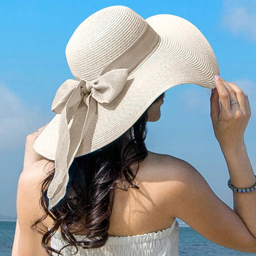 Women’s Wide Brim Straw Sun Hat – Foldable Beach Panama Hat with Bowknot, UV Protection Casual Summer Outdoor Cap