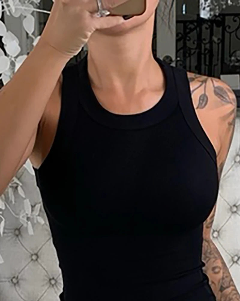 Women’s Solid Ribbed Tank Top Camisole – High Stretch O-Neck Summer Basic Casual Sleeveless Top