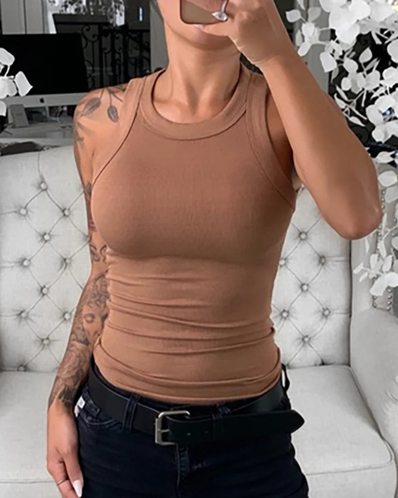 Women’s Solid Ribbed Tank Top Camisole – High Stretch O-Neck Summer Basic Casual Sleeveless Top