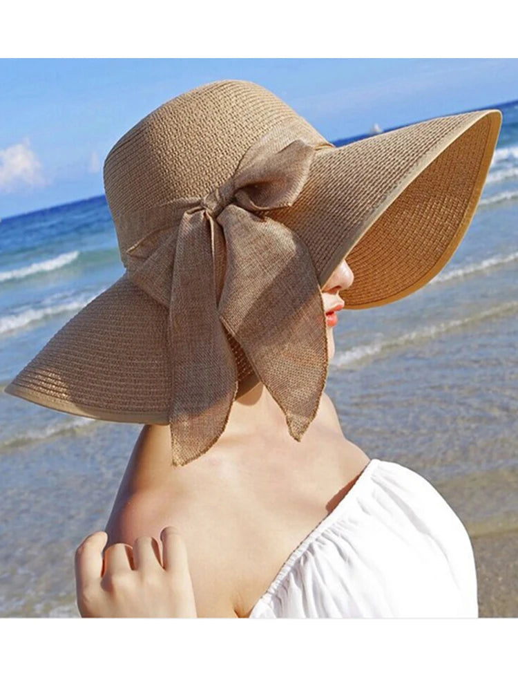Women’s Wide Brim Straw Sun Hat – Foldable Beach Panama Hat with Bowknot, UV Protection Casual Summer Outdoor Cap