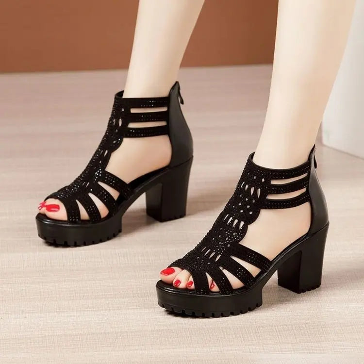 Women’s Open Toe Wedge Sandals – Anti-Slip Hollow Out Casual Shoes with Low Square Heel & Zip Closure