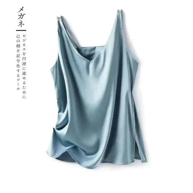 Women’s V-Neck Silk Satin Sleeveless Blouse – Elegant Office Tank Top, Lightweight Summer Camisole