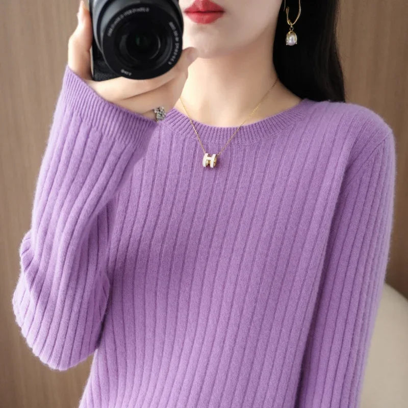 Women’s Autumn Winter O-Neck Striped Knit Sweater – Loose Fit Long Sleeve Pullover Casual Korean Style Jumper
