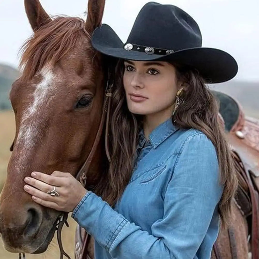 Vintage Western Cowboy Hat for Women – Roll-Up Brim Fedora with Belt Buckle, Sun Protection, All-Season Polyester Cowgirl Hat