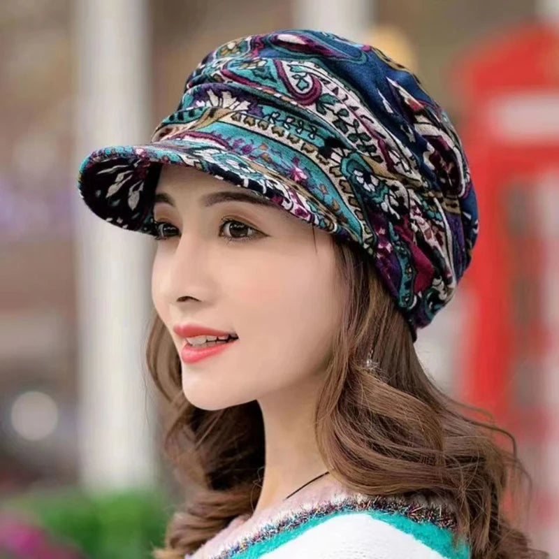 Women Autumn Winter Peaked Cap with Earflap – Warm Foldable Floral Print Casual Hat