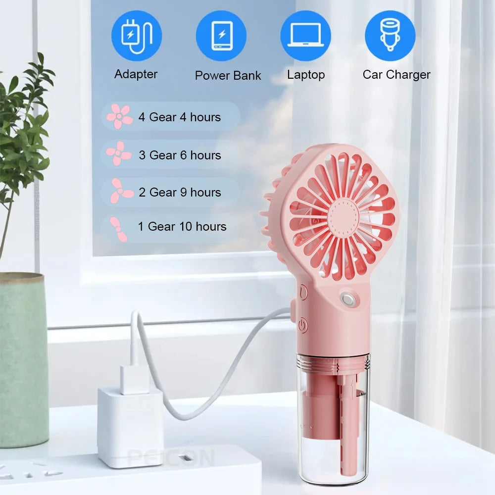 Portable Mini Handheld Mist Fan – USB Rechargeable 4-Speed Cooling & Humidifier Fan for Travel, Office & Outdoor Use