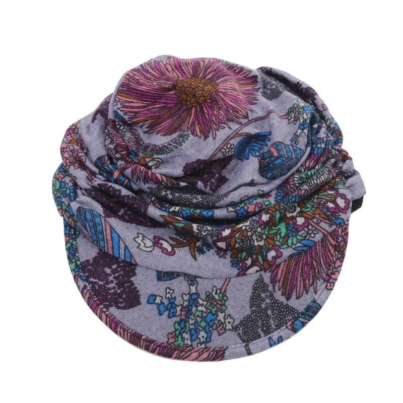 Women Autumn Winter Peaked Cap with Earflap – Warm Foldable Floral Print Casual Hat