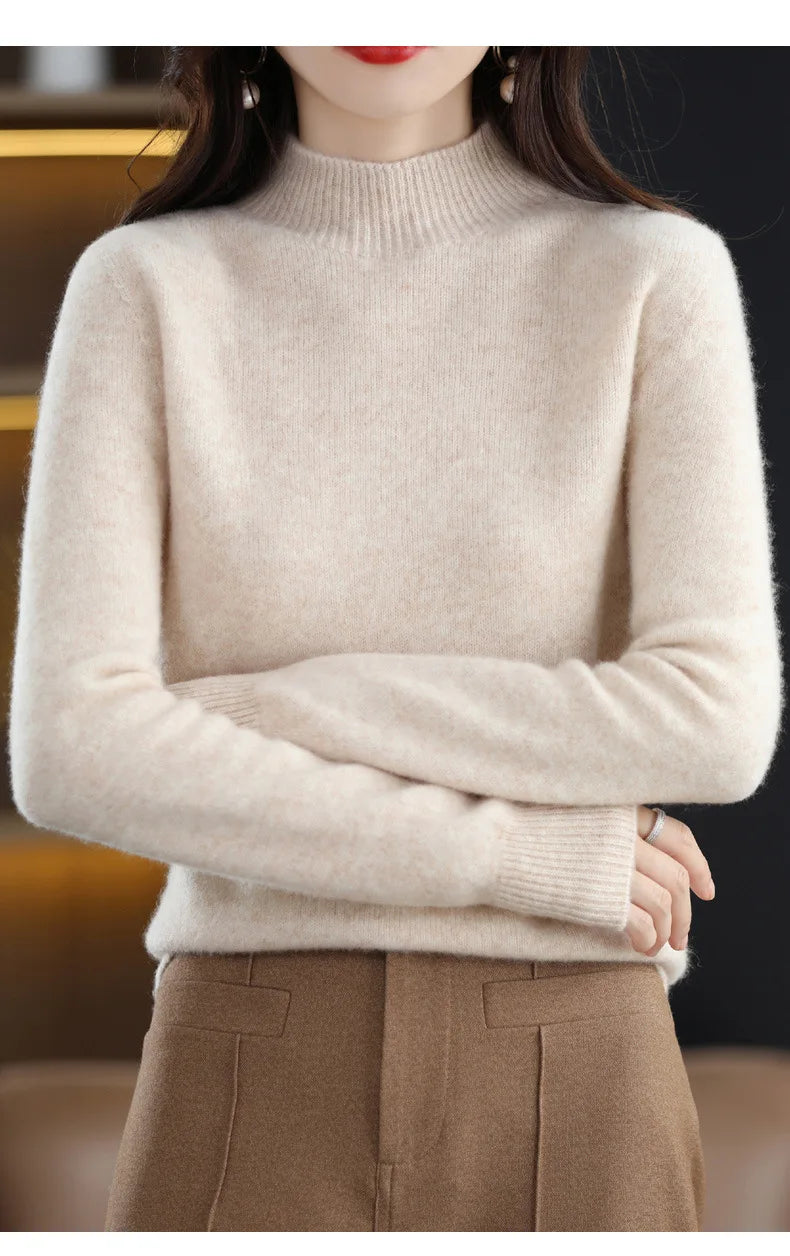 Women’s Autumn Winter Knit Sweater – Korean Fashion Slim Fit Half High Collar Long Sleeve Pullover