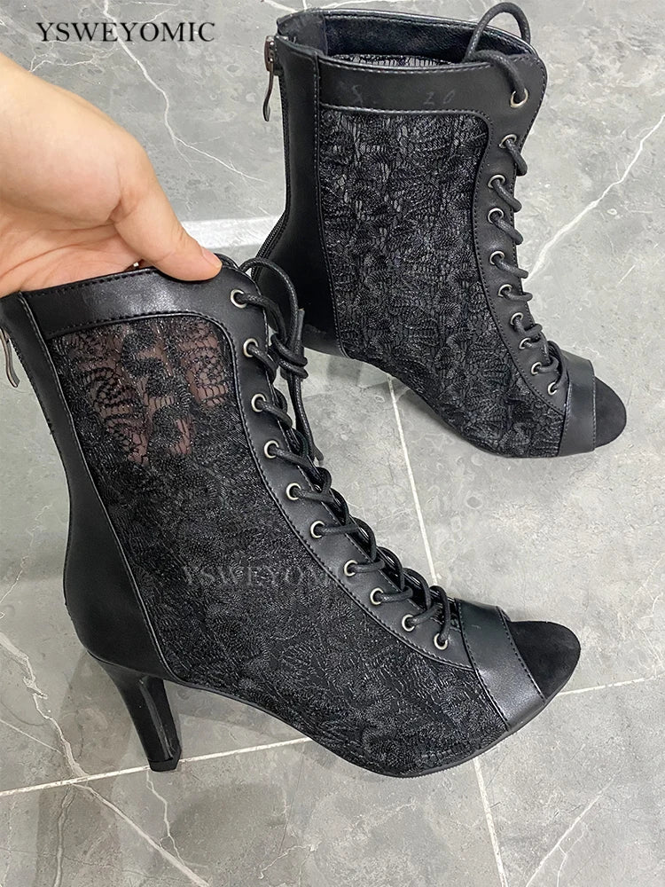 YSWEYOMIC Summer Autumn Style Mesh Hollow Jazz Booties Dance High Heels 7cm 9c 11cm Latin Salsa Dance Sandals With Large Size