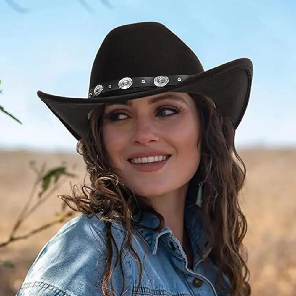 Vintage Western Cowboy Hat for Women – Roll-Up Brim Fedora with Belt Buckle, Sun Protection, All-Season Polyester Cowgirl Hat