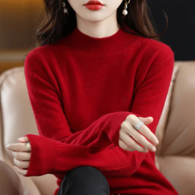 Women’s Autumn Winter Knit Sweater – Korean Fashion Slim Fit Half High Collar Long Sleeve Pullover