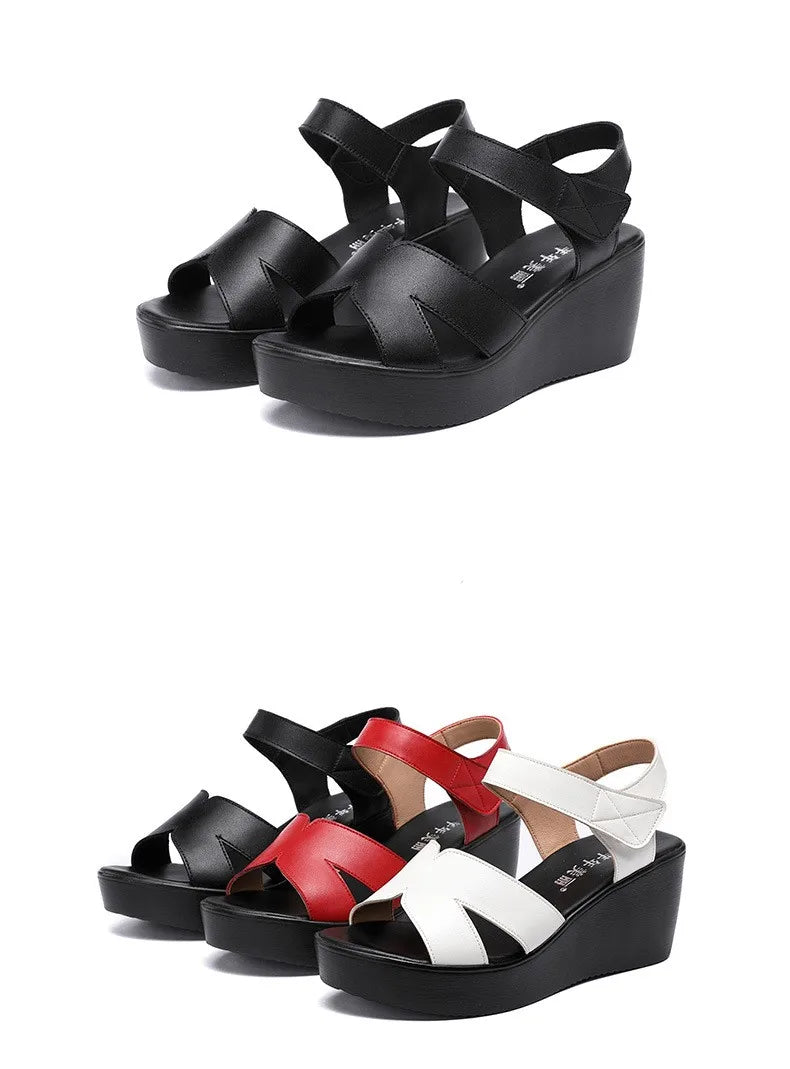Women’s Plus Size Soft Leather Wedge Sandals (33–43) – Mid Heel Platform Ankle Strap Summer Shoes for Office, Casual & Beach Wear