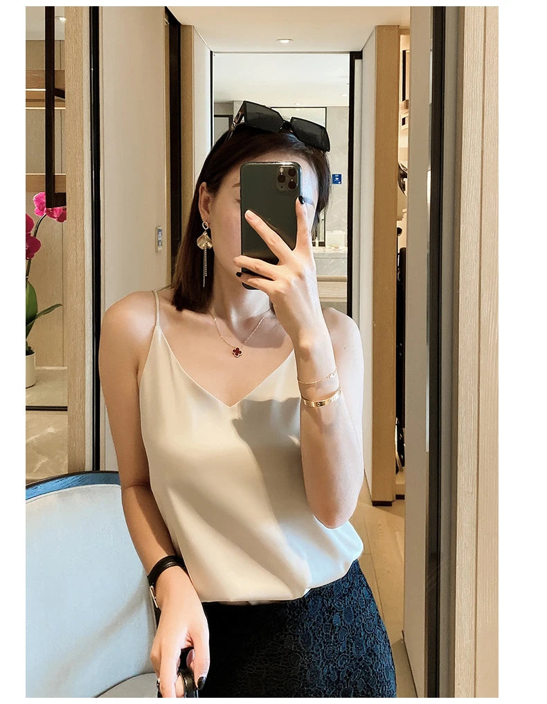 Women Summer Sleeveless V-Neck Chiffon Camisole Crop Tank Top – Slim Fit Solid Office Lady Vest (Black/White/Grey)
