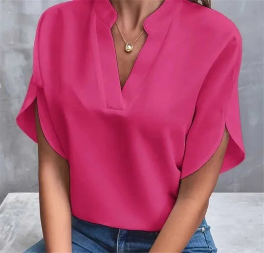 Women’s Summer Solid Color Casual Pullover Shirt – Short Sleeve Loose Fit V-Neck Lightweight Chiffon Blouse Top