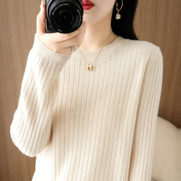 Women’s Autumn Winter O-Neck Striped Knit Sweater – Loose Fit Long Sleeve Pullover Casual Korean Style Jumper