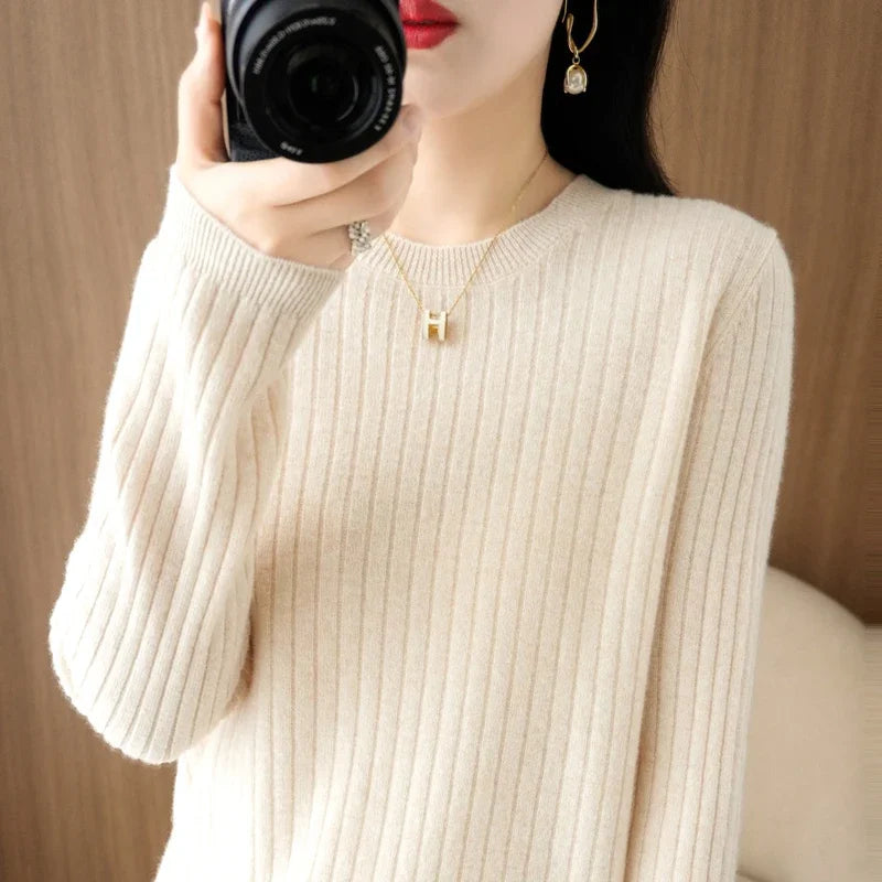 Women’s Autumn Winter O-Neck Striped Knit Sweater – Loose Fit Long Sleeve Pullover Casual Korean Style Jumper