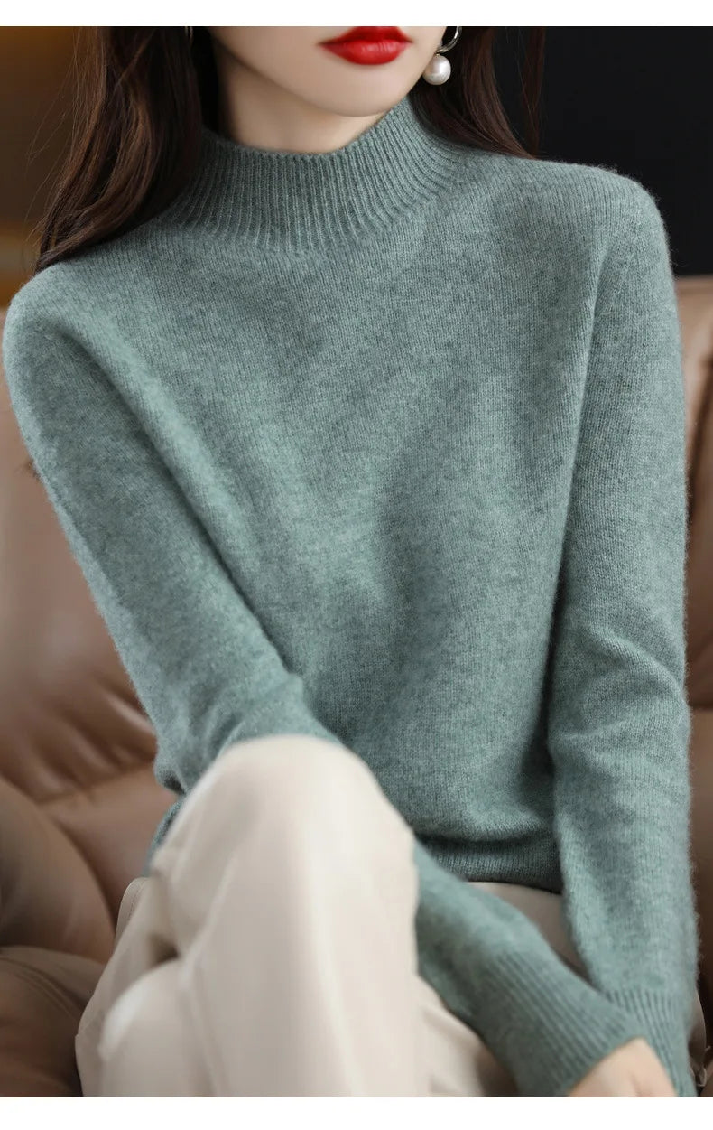 Women’s Autumn Winter Knit Sweater – Korean Fashion Slim Fit Half High Collar Long Sleeve Pullover