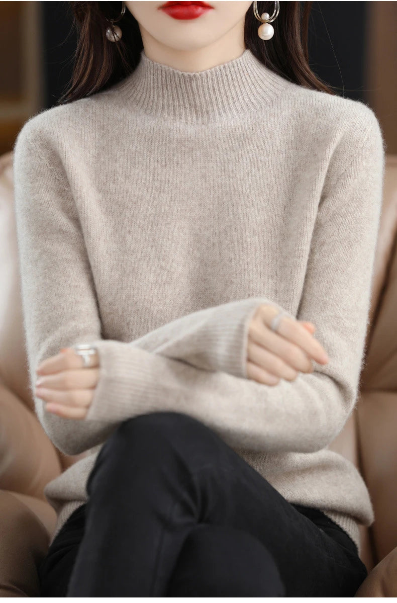 Women’s Autumn Winter Knit Sweater – Korean Fashion Slim Fit Half High Collar Long Sleeve Pullover
