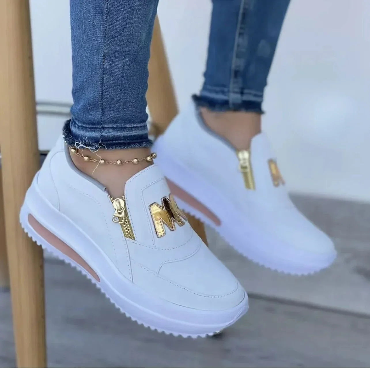 Women Platform Slip-On Loafers Sneakers – Casual Fashion Canvas Shoes with Zipper Detail, Flat Rubber Sole