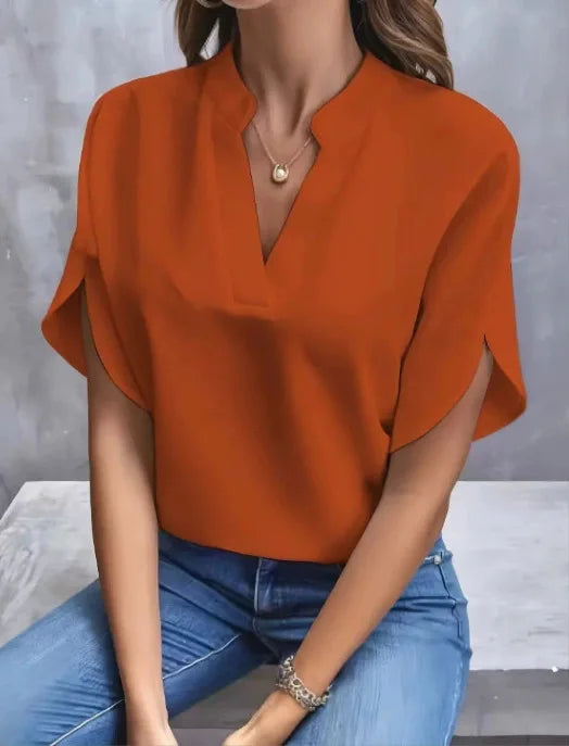 Women’s Summer Solid Color Casual Pullover Shirt – Short Sleeve Loose Fit V-Neck Lightweight Chiffon Blouse Top