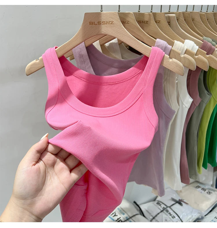 Women Solid Ribbed Tank Top Camisole – Elastic Cotton O-Neck Summer Basic Crop Top 2026