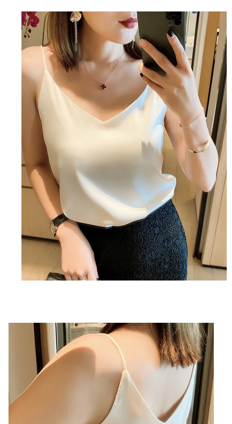 Women Summer Sleeveless V-Neck Chiffon Camisole Crop Tank Top – Slim Fit Solid Office Lady Vest (Black/White/Grey)