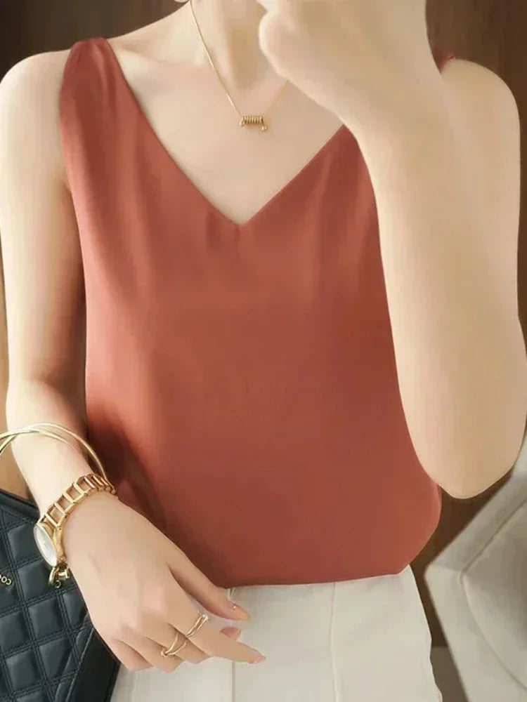 Women’s V-Neck Silk Satin Sleeveless Blouse – Elegant Office Tank Top, Lightweight Summer Camisole