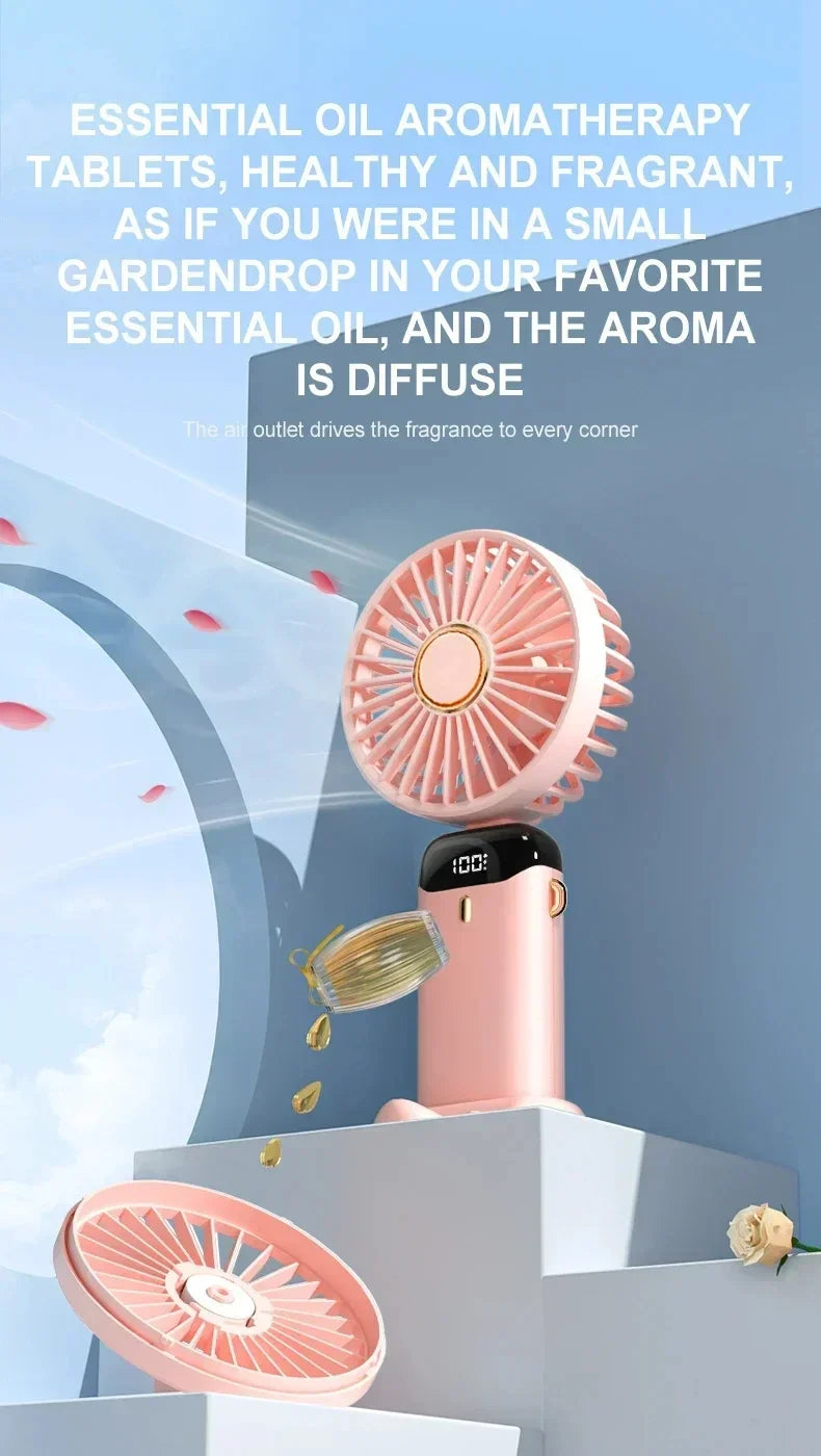 Portable Rechargeable Handheld Fan with LED Display, 5-Speed Mini Clip Fan with 90° Adjustable Head & Aromatherapy Function – USB Personal Cooling Fan for Office, Travel & Outdoor Use