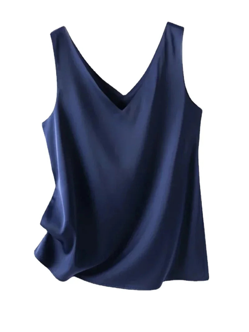 Women’s V-Neck Silk Satin Sleeveless Blouse – Elegant Office Tank Top, Lightweight Summer Camisole