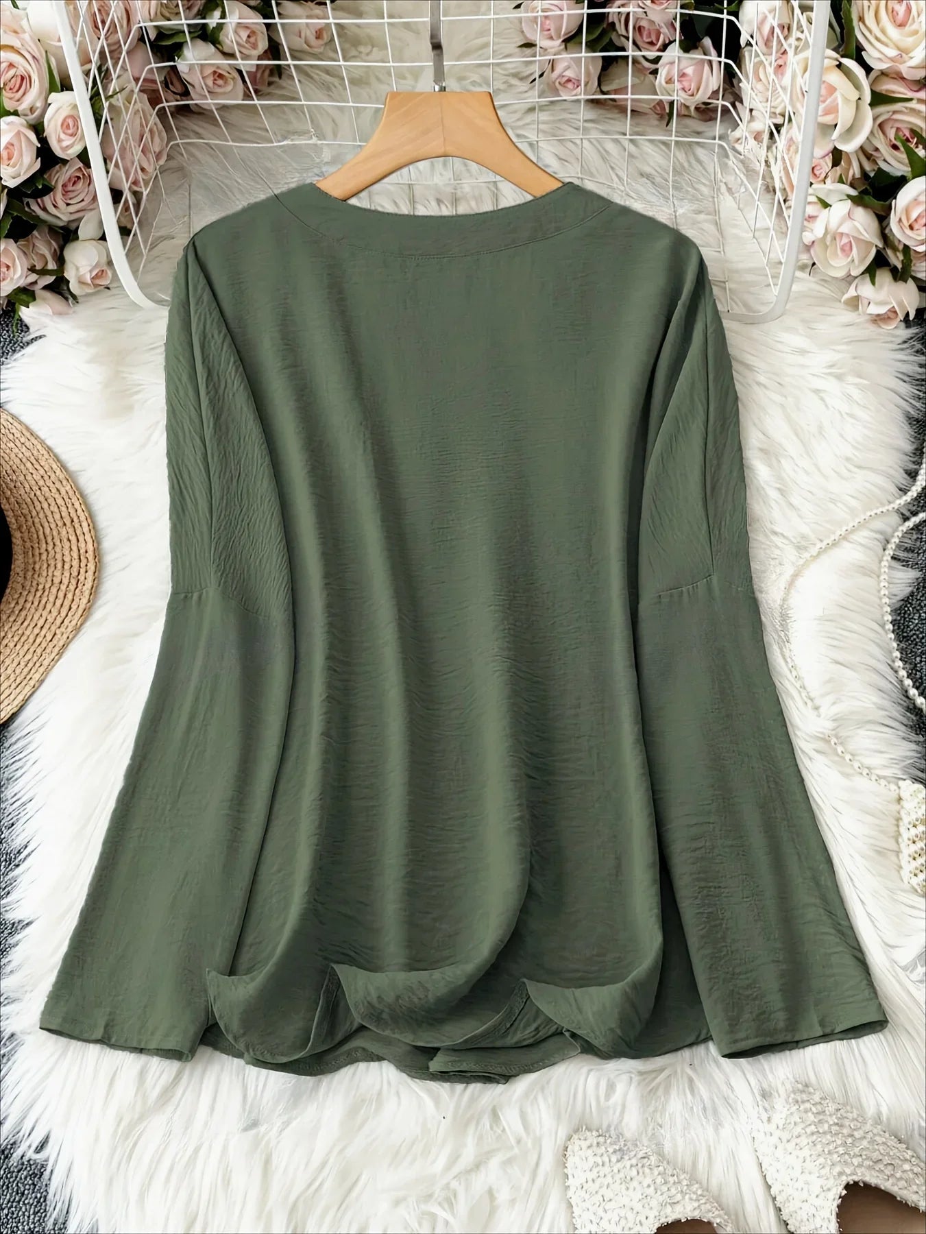 Women’s Plus Size Casual Loose Long Sleeve V-Neck Stand Collar Top – Polyester Blend Spring/Summer Shirt