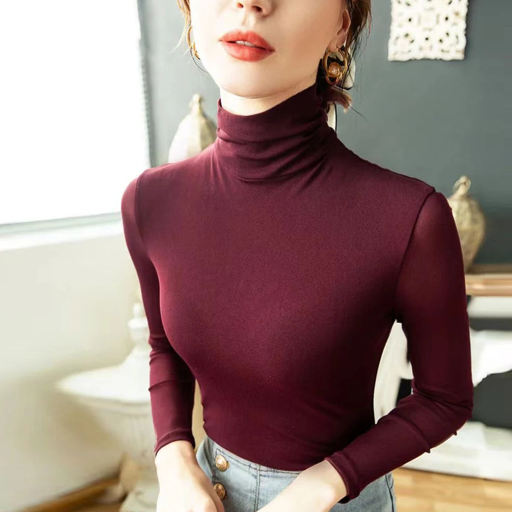 Women’s Sheer Mesh Turtleneck Top – Long Sleeve Slim Fit Stretch Tee (S–4XL)