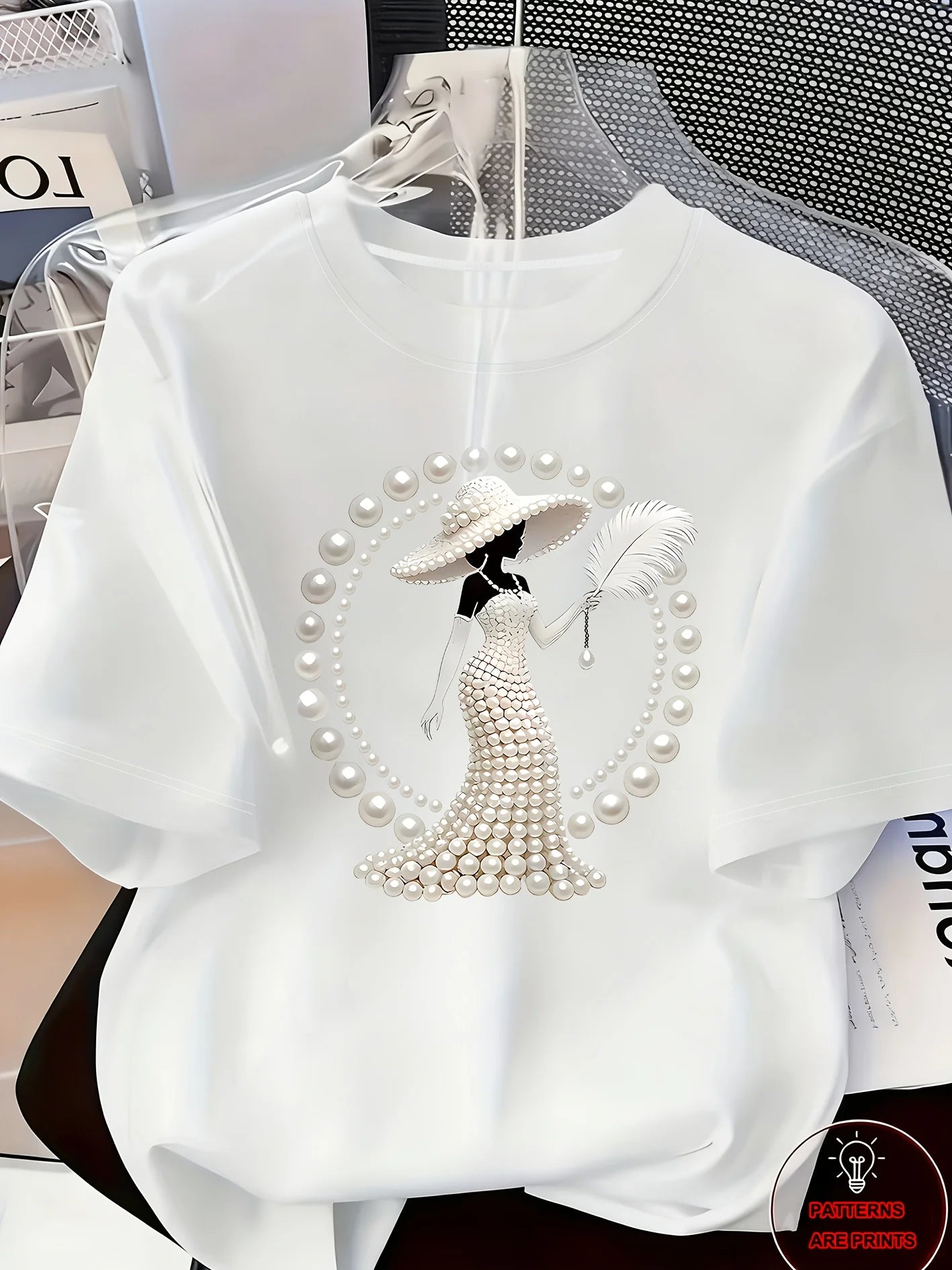 Elegant Light Luxury Women’s Printed T-Shirt – Casual Loose Fit Short Sleeve Summer Top