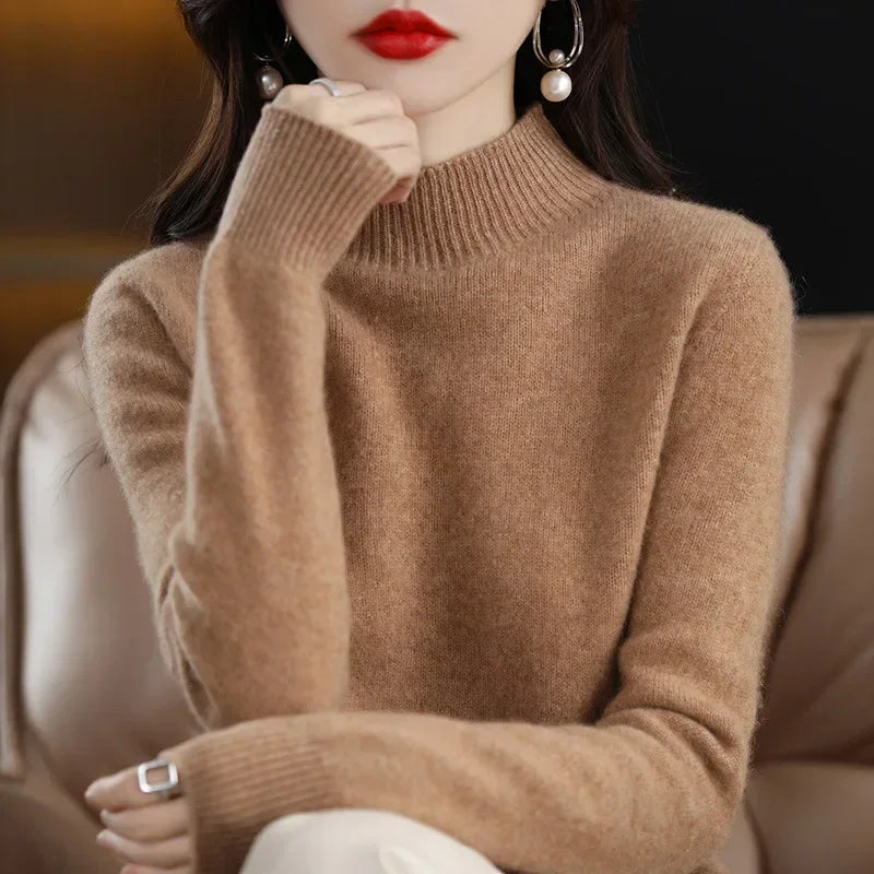 Women’s Autumn Winter Knit Sweater – Korean Fashion Slim Fit Half High Collar Long Sleeve Pullover