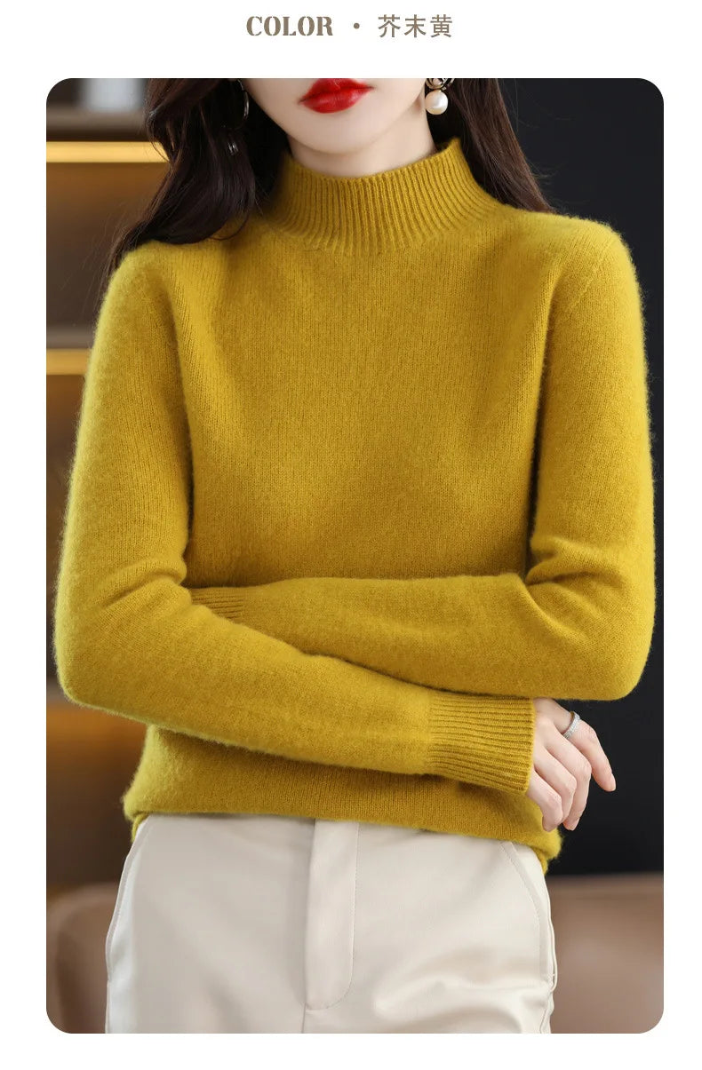 Women’s Autumn Winter Knit Sweater – Korean Fashion Slim Fit Half High Collar Long Sleeve Pullover