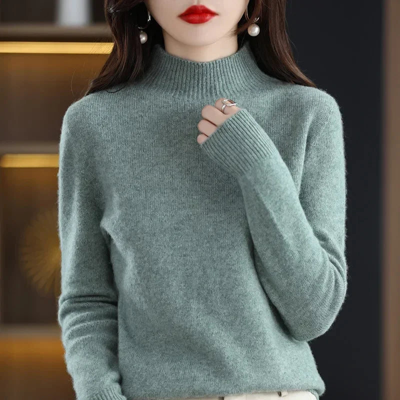 Women’s Autumn Winter Knit Sweater – Korean Fashion Slim Fit Half High Collar Long Sleeve Pullover