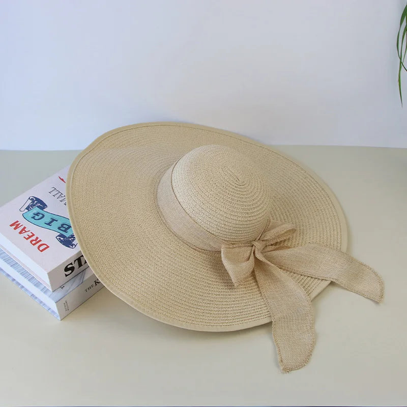 Women’s Wide Brim Straw Sun Hat – Foldable Beach Panama Hat with Bowknot, UV Protection Casual Summer Outdoor Cap