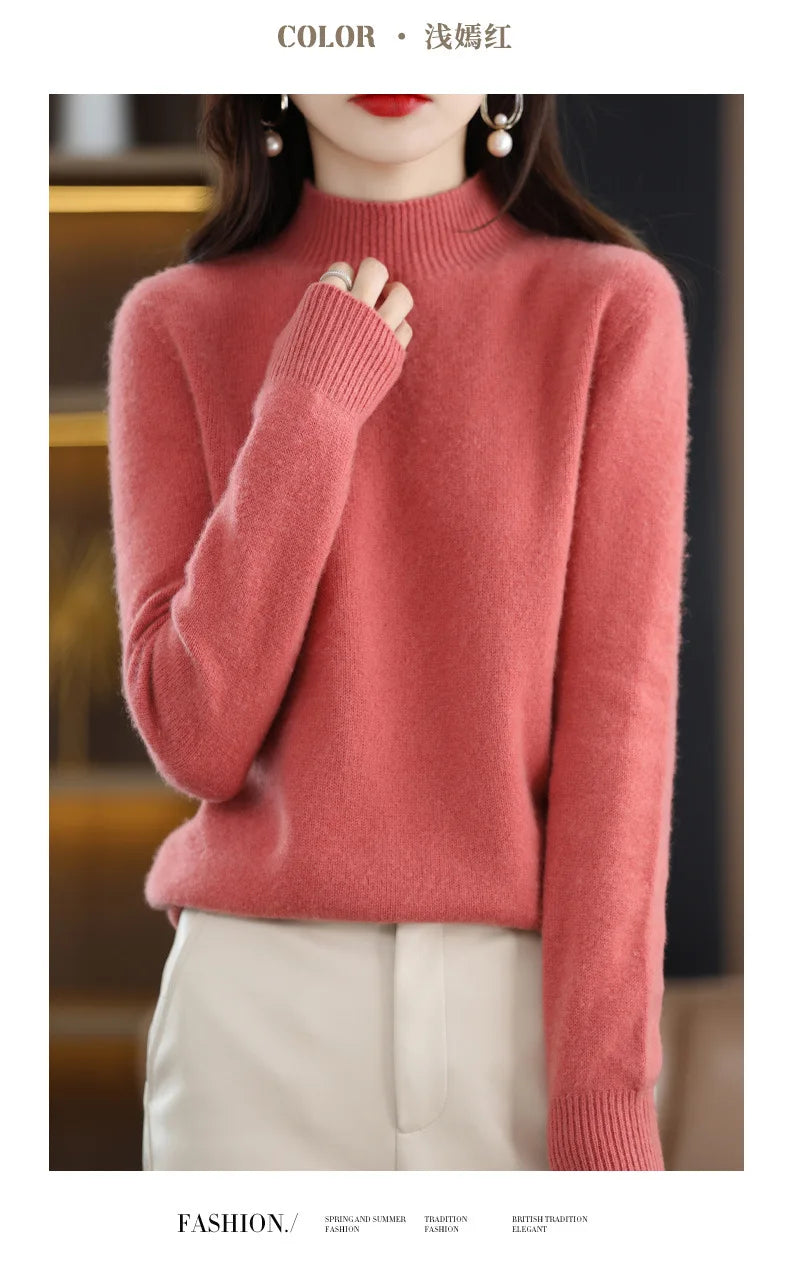 Women’s Autumn Winter Knit Sweater – Korean Fashion Slim Fit Half High Collar Long Sleeve Pullover