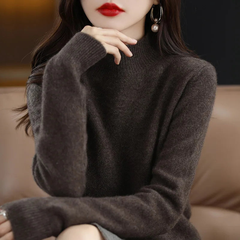 Women’s Autumn Winter Knit Sweater – Korean Fashion Slim Fit Half High Collar Long Sleeve Pullover